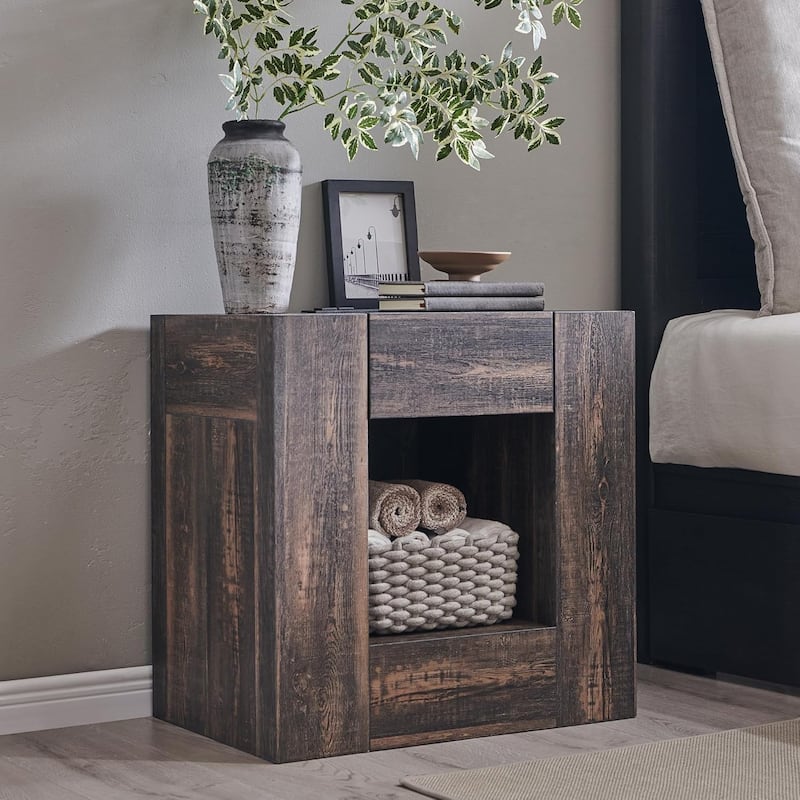 Modern Nightstand with Charging Station, End Table w/Hidden Drawers - Dark Rustic Oak