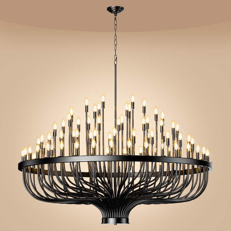 Rustic Industrial Farmhouse Chandelier - 48/96-Light Adjustable Black Candle Pendant Light for High Ceilings, Dining Room - 70.8