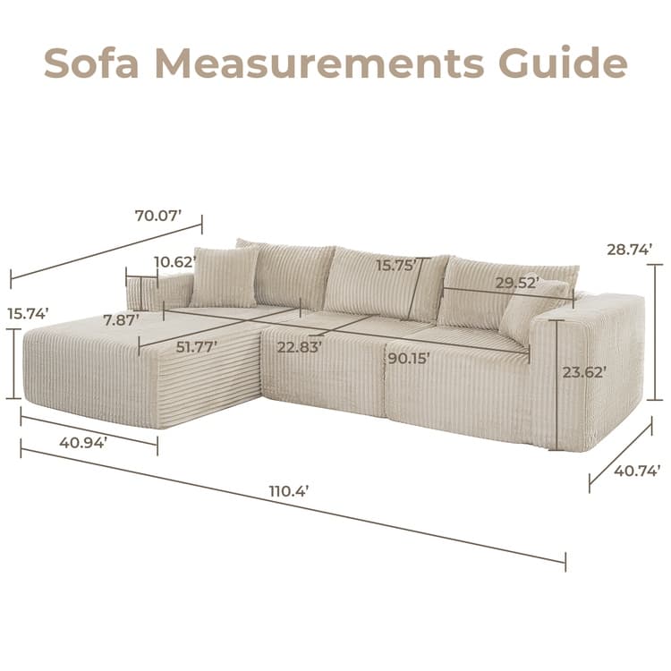 110" Modular Cloud Couch Sectional Sofa - Deep Seat Corduroy L-Shape Couch - Boneless Compressed Sofa