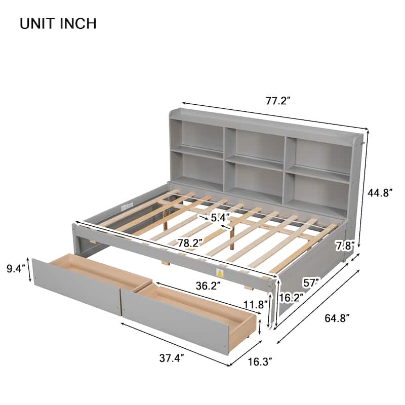 Full Size Bookcase Captain's Bed with Pull-out Storage Drawers, Available White L-Shaped Corner Bed or Grey Daybed, Wood Frame