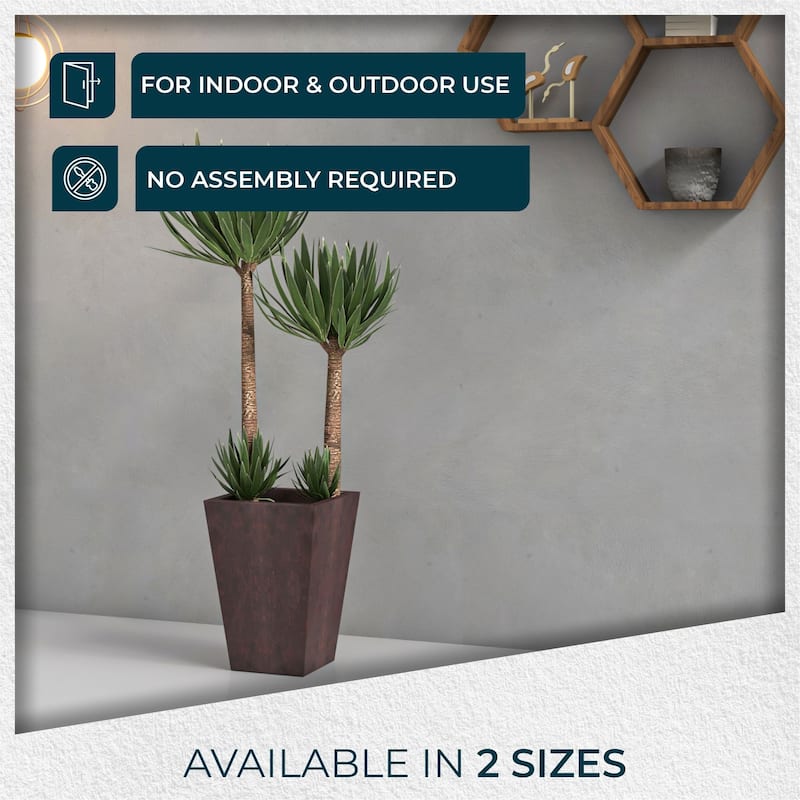 Serene Modern Square Tapered Fiberstone MGO Planter with Drainage Holes, Cover & Weather-Resistant Indoor Outdoor Plant Pot