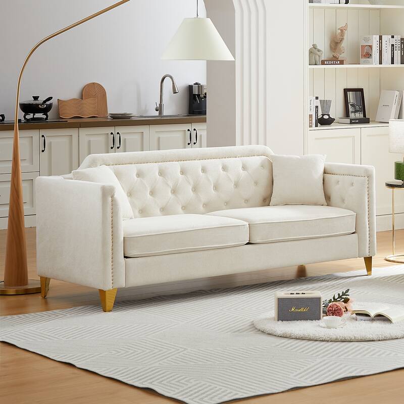 81" 3-Seat Buttons Tufted Nailheads Couch with Pillows - Beige