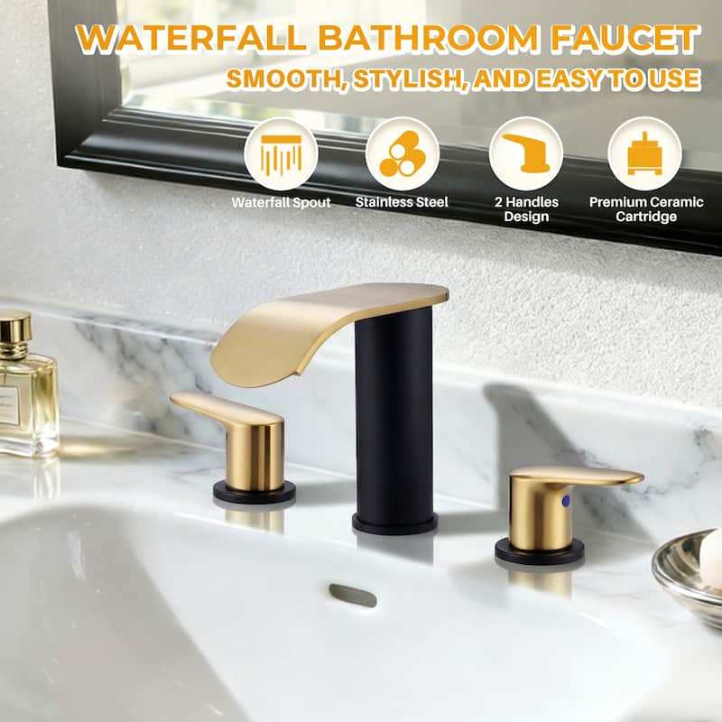 WOWOW 8 in.Double Handle Waterfall Bathroom Faucet with Pop-up Drain
