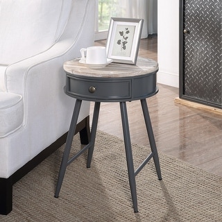 ROUND TABLE WITH Wood Fir top, gray metal base with drawer - Bed Bath ...