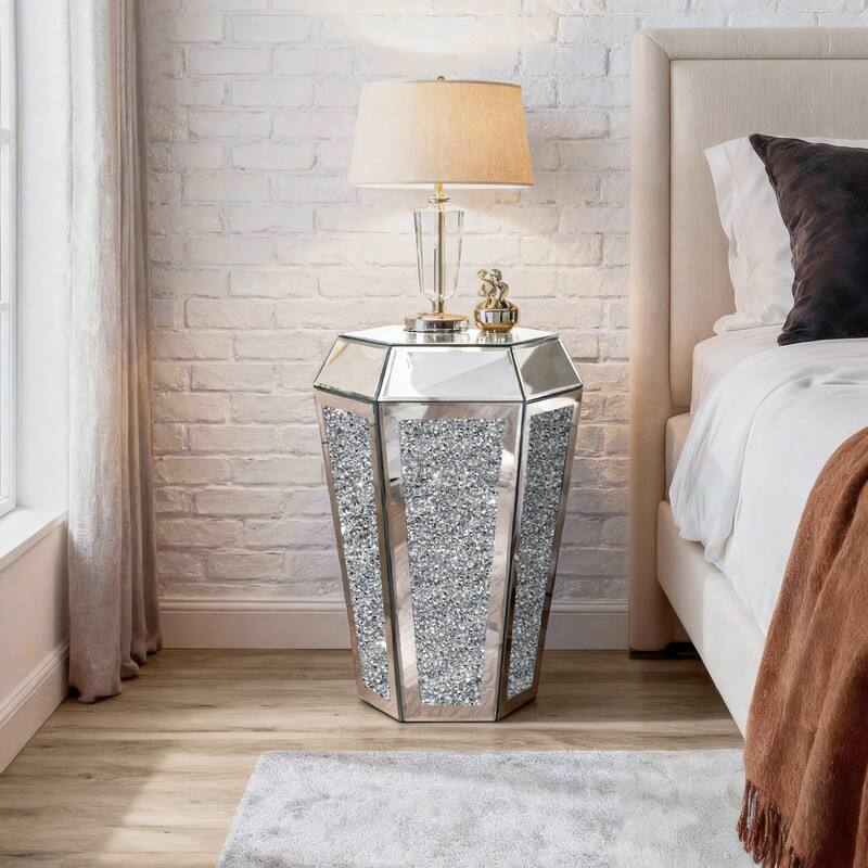 Hexagonal Mirror Top End Table with Crystal-Inlaid