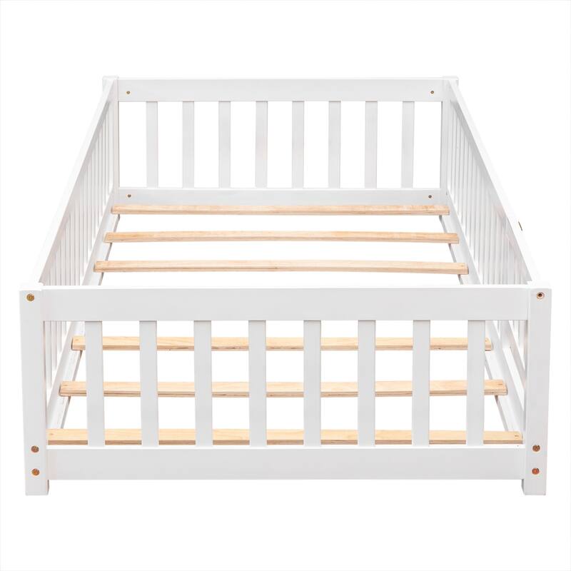 Floor Platform Bed with Fence Guardrails and Door
