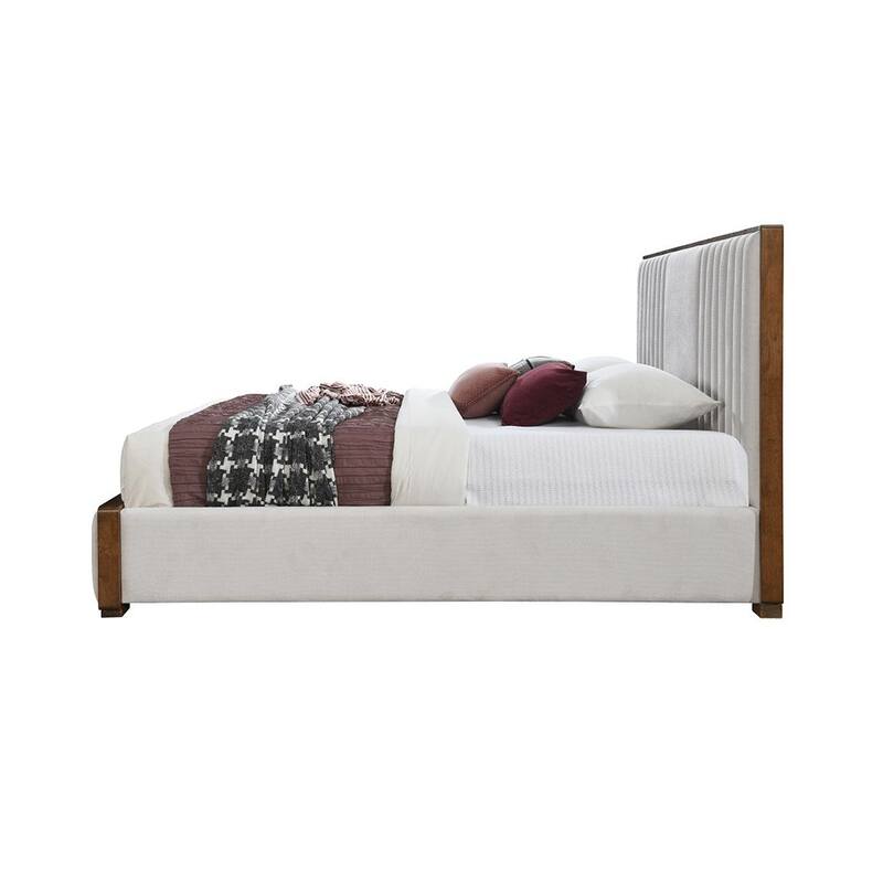 Chenille Upholstered Eastern King Bed in Beige and Walnut
