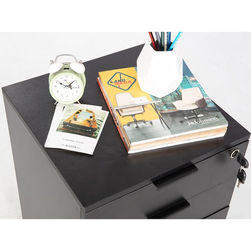 JJS 3 Drawer Rolling File Cabinet Wooden Storage with Lock & Wheels
