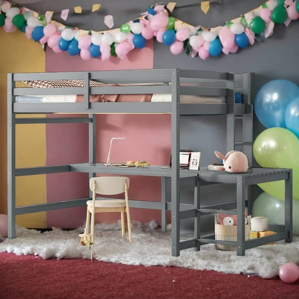 slide 2 of 18, Full Size Kids Bed Loft Bed with Desk and Ladders Guardrails, Grey Grey