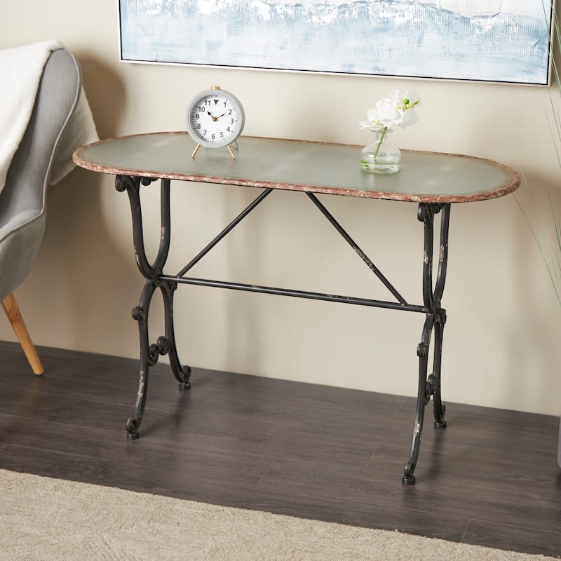 Metal Scroll Oval Console Table with Distressed Accents - Gray - Roche River Decor - 18"W x 45"L x 29"H