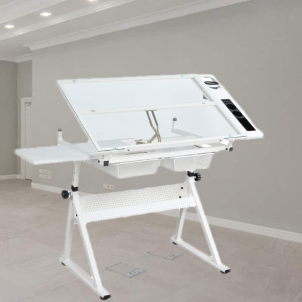 Modern Drafting Table with Adjustable Glass Surface and Storage, Includes Chair, Pen Holder, and Metal Drawers