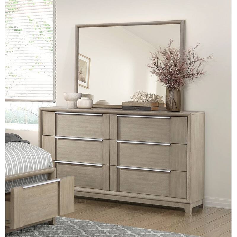 Modern Platform Bedroom Set 3pc Bed Dresser Mirror Set Light Gray Finish Wooden Furniture