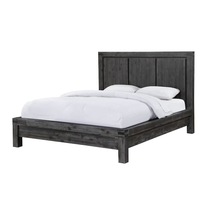 Gael Full Size Bed, Acacia Wood, Panel Headboard, Wire Brushed Gray Finish