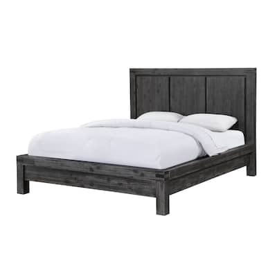 Gael Full Size Bed, Acacia Wood, Panel Headboard, Wire Brushed Gray Finish