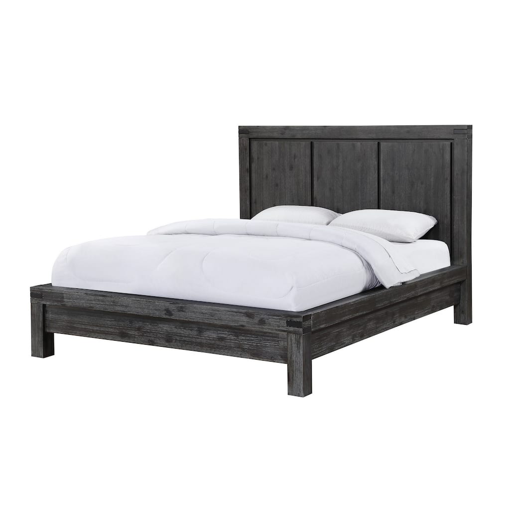Gael Full Size Bed, Acacia Wood, Panel Headboard, Wire Brushed Gray Finish
