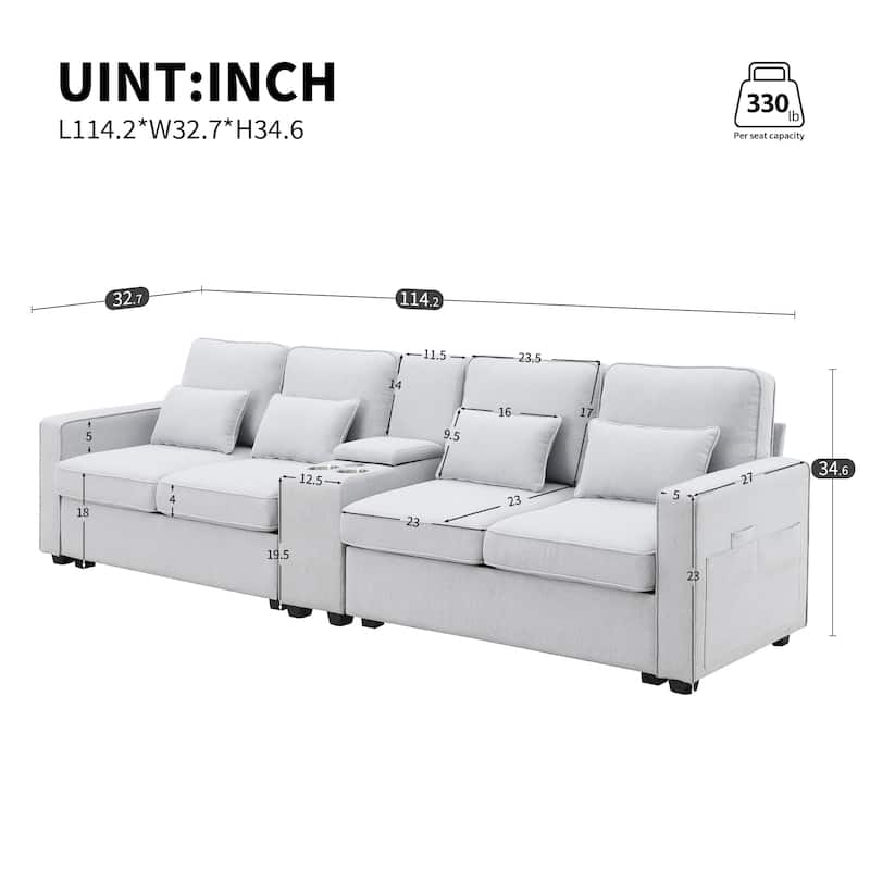 Modern 4-Seat Sofa with Console, Wireless Charging, 2 Cupholders, and 4 Pillows, Upholstered in Linen Fabric