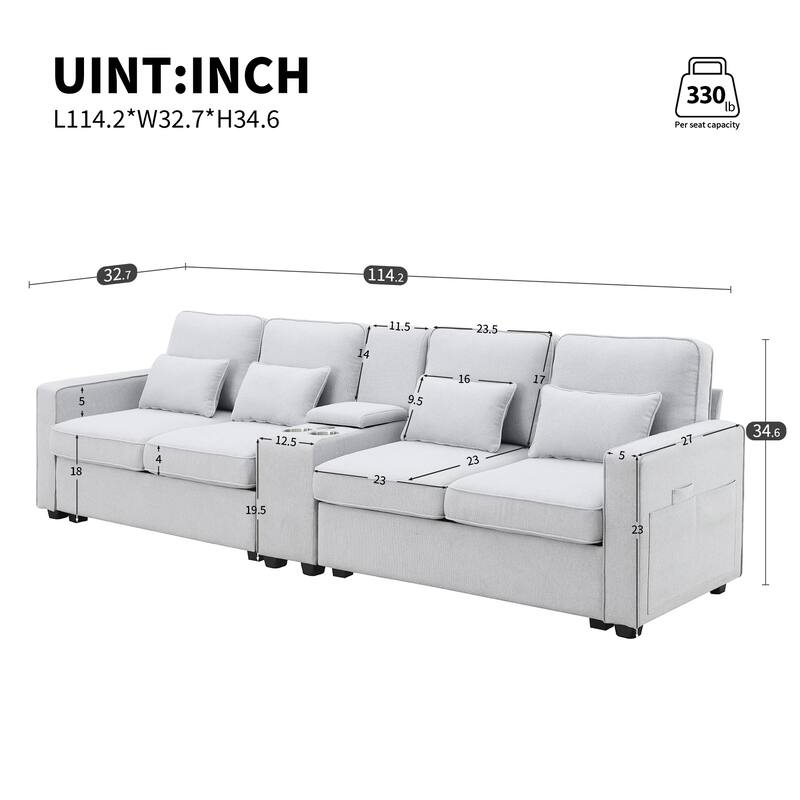 Modern 4-Seat Sofa with Storage Console, 2 Cupholders & USB Charging