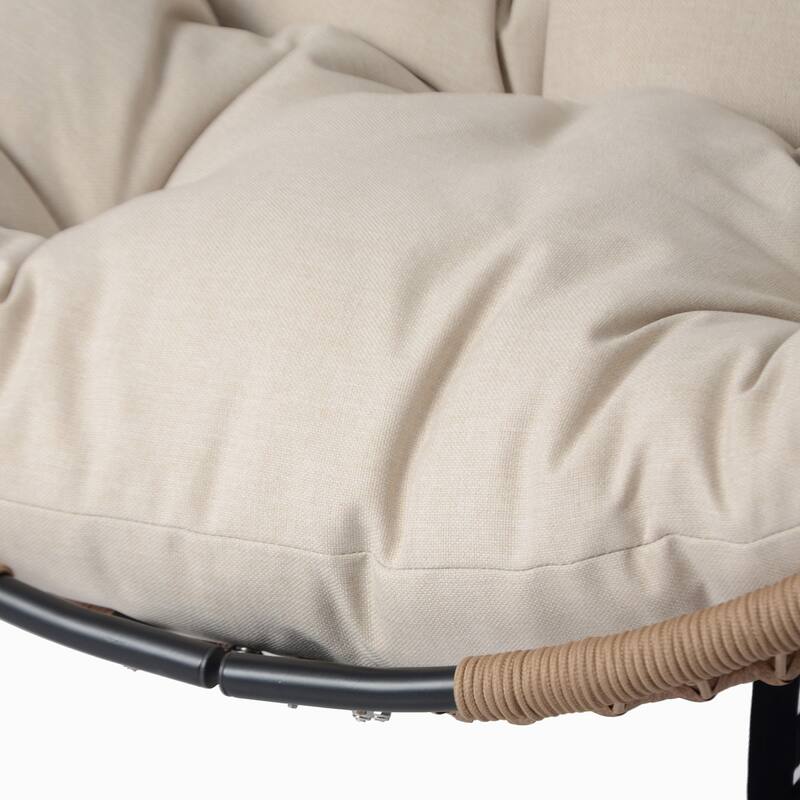 Roomfitters Sora Outdoor Wicker Hanging Chair with Stand and Beige Cushion, Brown Rattan Swing - Single Unit