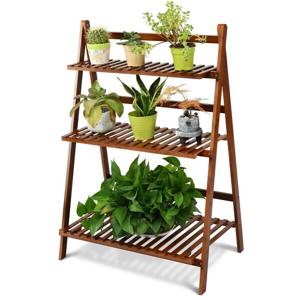Costway 3 Tier Folding Shelf Stand Bamboo Flower Pot Display Rack 27.