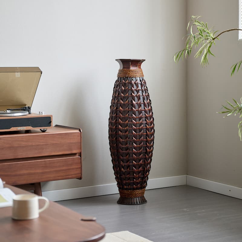 39" Decorative Tall Hand-Woven Bamboo Floor Vase - Acacia Wood