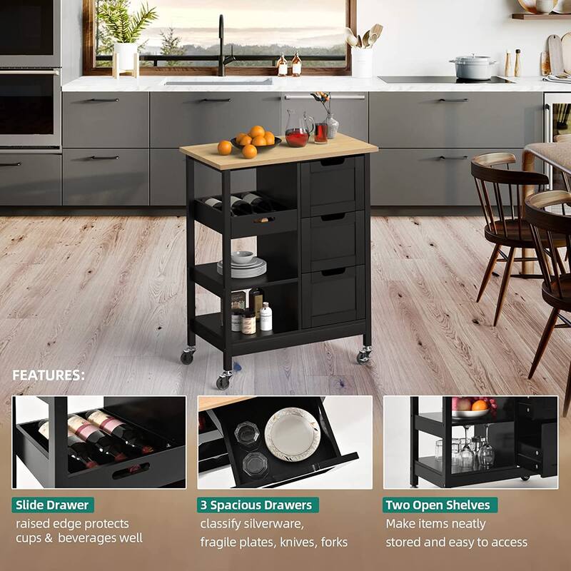 Kleio Solid Wood Top Kitchen Island Storage Cart with 3 Drawers Rolling Serving Trolley Cart