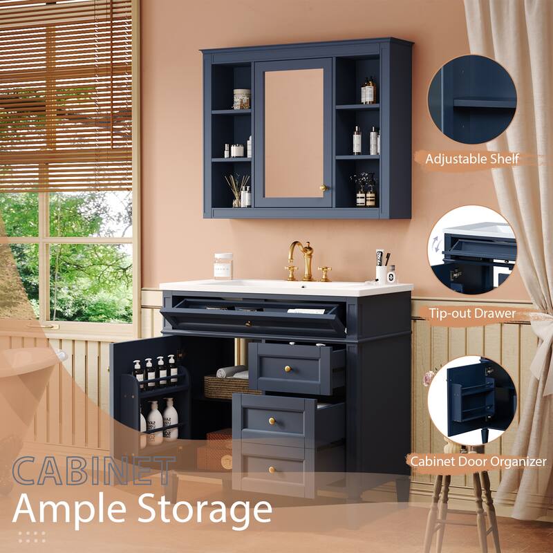 Freestanding Bathroom Vanity & Wall Mounted Mirror Cabinet Set with Resin Sink, Open Shelves, Drawers and Adjustable Shelves