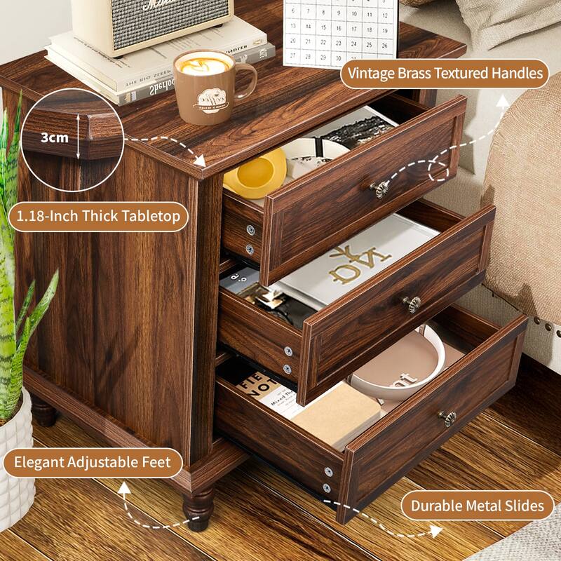 Wood 3-Drawer Nightstand with Rustic Finish and Storage