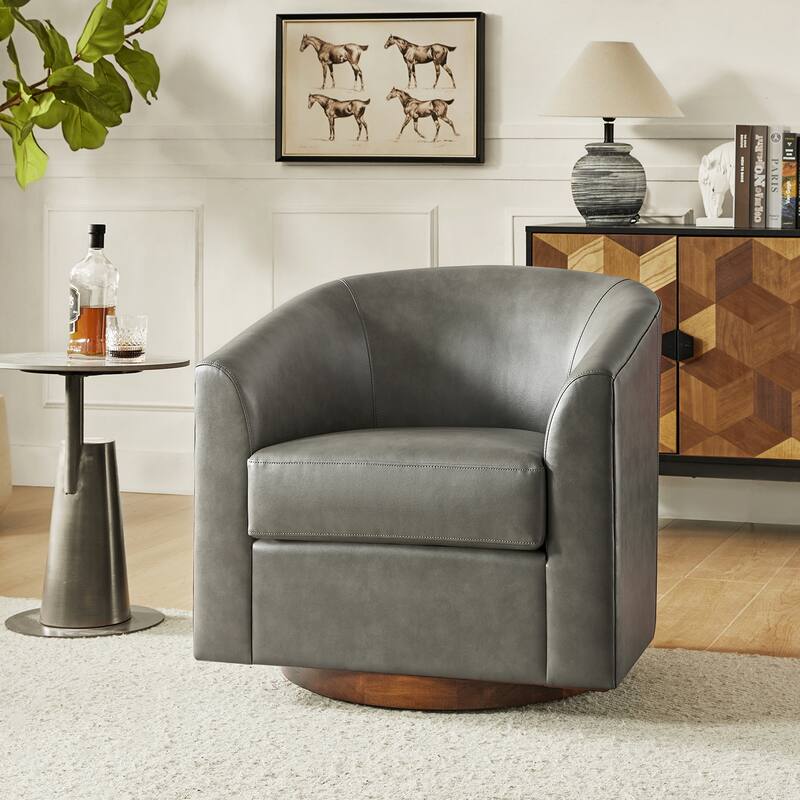 Haley Modern Swivel Barrel Faux Leather Chair with Solid Wood Base by HULALA HOME - Grey