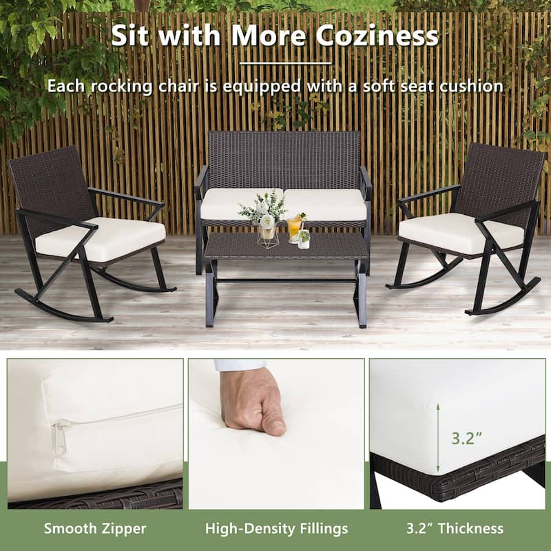 Costway 4PCS Patio Rattan Wicker Rocking Chairs Loveseat Table Rocker - See Details