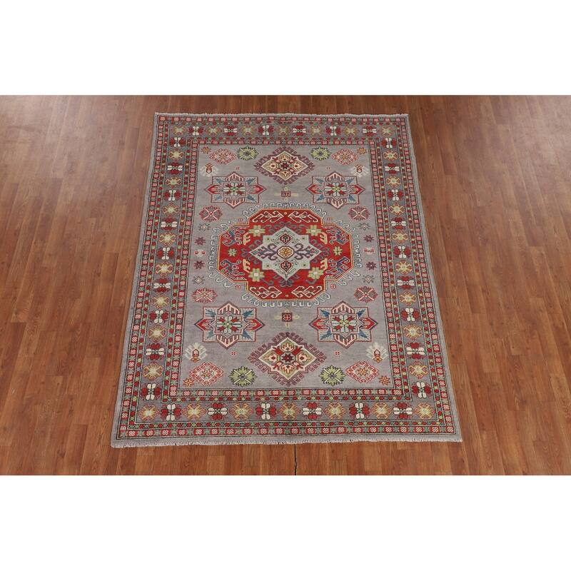 Gray Geometric Kazak Area Rug Living Room Handmade Wool Carpet - 5'7" x 7'3"
