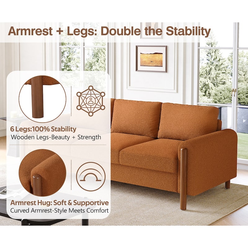 83.86 Inch 3-Seater Sofa with Curved Armrests, Teddy Velvet Upholstery, Solid Wood Legs, High Weight Capacity