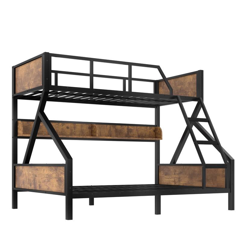 Woodgrain Accents Black Metal Bunk Bed Frame with Built-in Storage Shelves and LED Light Strip for Guest Rooms, Dorms