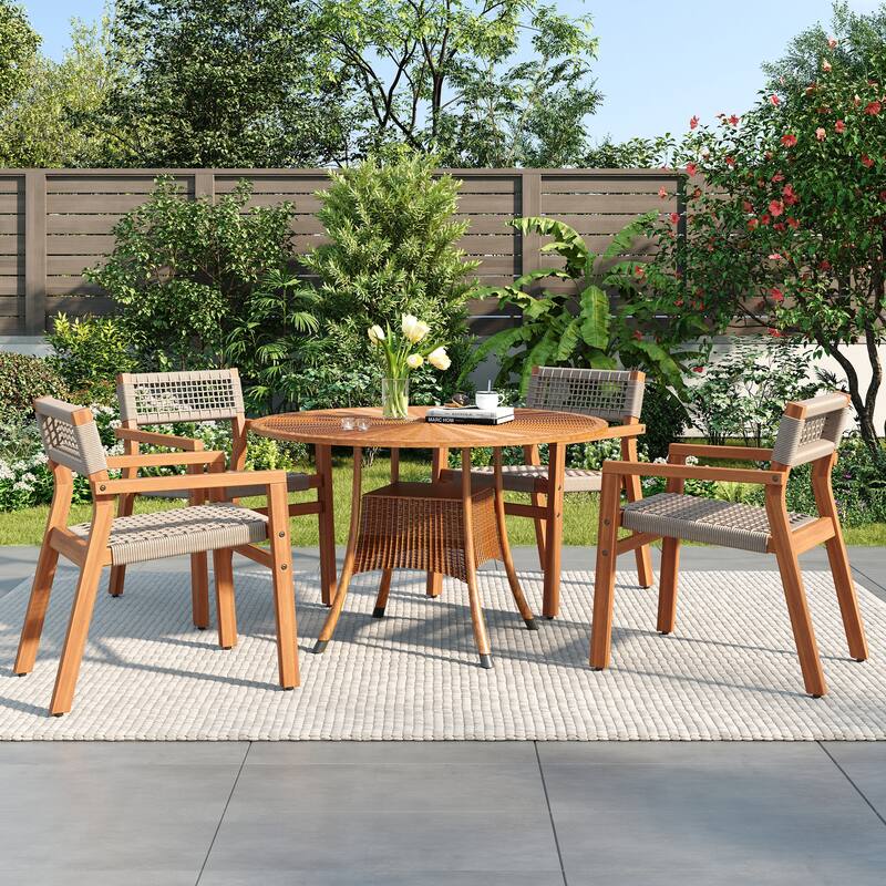 Christopher Knight Home - Lyla Outdoor Rope Woven Acacia Dining Chair Set (Only chair) - Teak Finish + Beige Rope,4-Piece