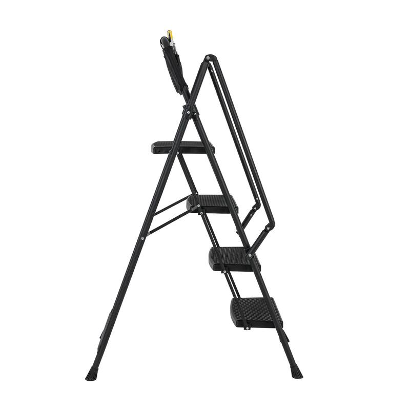 Black 4-Step Folding Step Stool Ladder Removable Tool Bag
