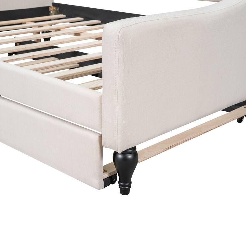 Roomfitters Full Upholstered Tufted Daybed with Pull-Out Twin Trundle for Compact Guest Setup, Beige