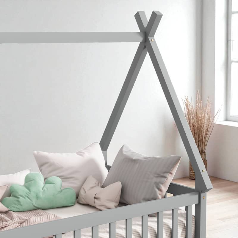 Twin Tent-Shaped Floor Bed with Guardrails, Low Platform Teepee Bed Frame with Slats, Solid Wood Design