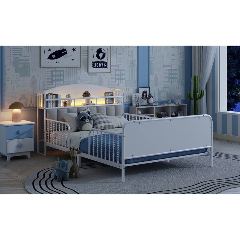 Roomfitters Twin/Full Metal Platform Bed, LED Storage Headboard and Guardrails with Metal Frame for Bedroom or Guest Room