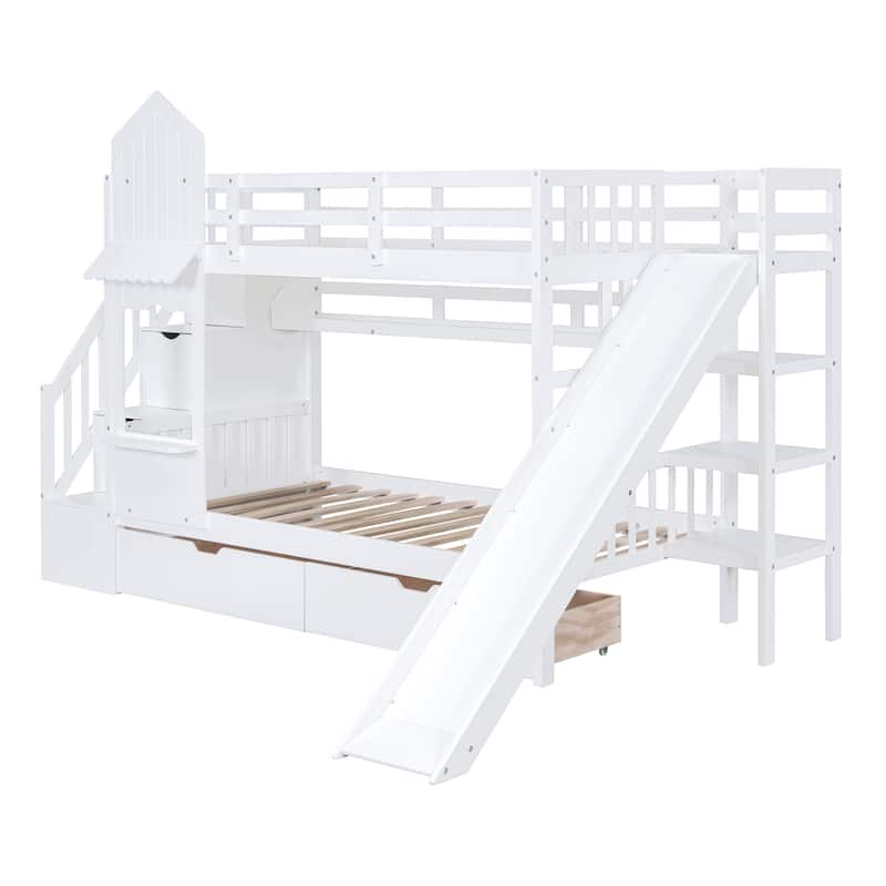 White Twin over Twin Size Solid Wood Castle Style Bunk Bed with Drawers and Slide