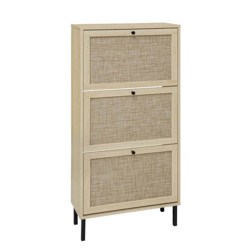 Shoe Storage Cabinet with 3 Flip Drawers, Freestanding 3-Tier Shoe Rack, Slim Shoe Organizer with Half Round Woven Rattan Doors