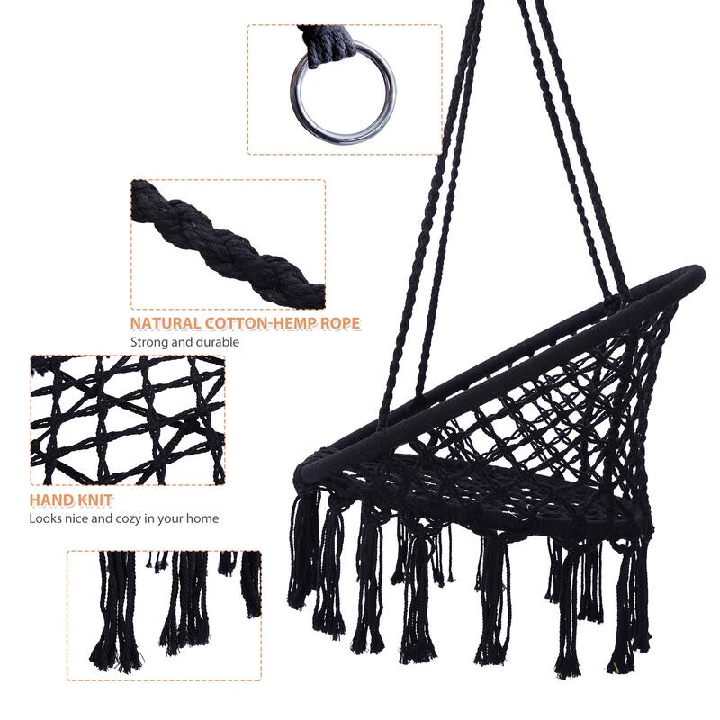 Hammock Swing Chair Hanging Chair with Fringe, Handwoven Hanging Seat with Arched Backrest & Cotton Rope