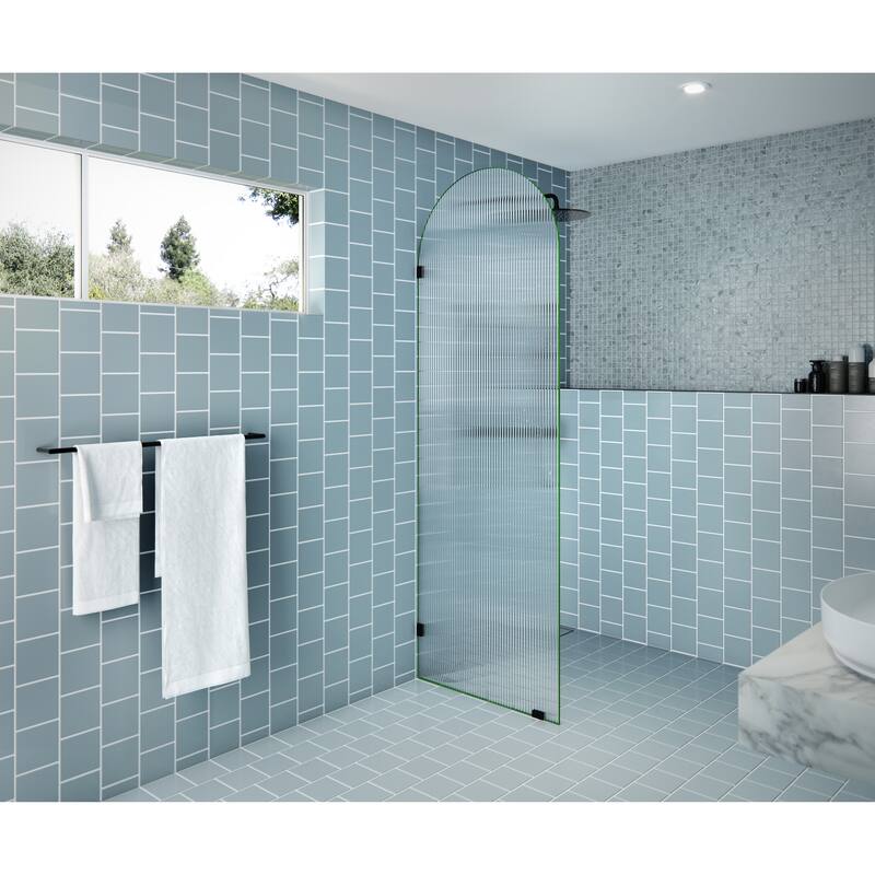 Maven 28 in. x 86.75 in. Fully Frameless Glass Shower Panel - Arched Fluted Single Fixed Panel - Matte Black