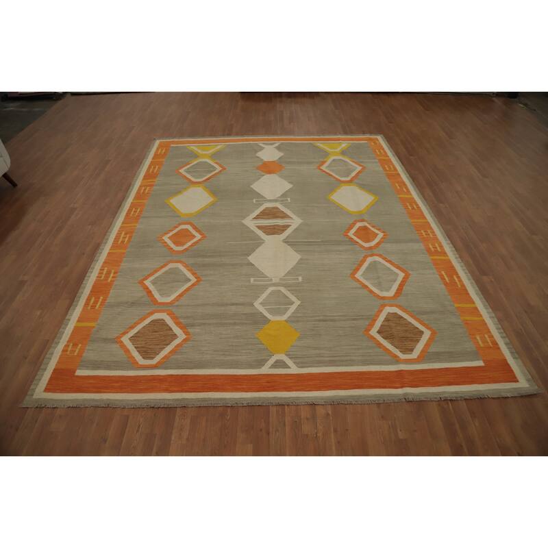Hand Woven Oriental 100% Wool Carpet Southwestern Tribal Greys & Charcoal Kilim Area Rug - 11' 7'' X 9' 5''