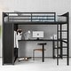 preview thumbnail 10 of 22, Black Metal Loft Bed Frame with Built-In Wardrobe, Desk and Shelves