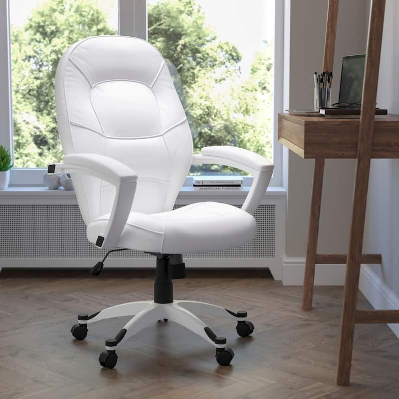 Mid-Back White LeatherSoft Tapered Back Executive Swivel Office Chair with Arms - 27.25"D x 27.25"W x 42" - 44.25"H