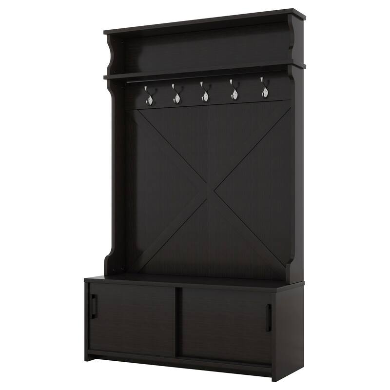 47.2"W Hall Tree Entryway Bench with Coat Rack with 5 Hanging Hooks and Shoe Cabinet