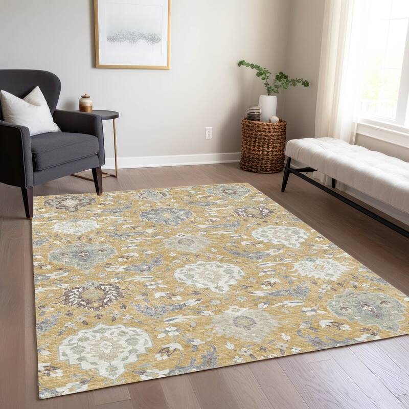 Machine Washable Indoor/ Outdoor Traditional Kashan Chantille Rug - Gold - 3' x 5'