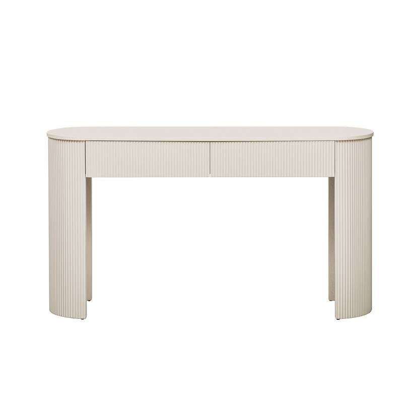 Fluted Console Table with 2 Drawers, Oval Top Entryway Table Champagne White Accent Table Sofa Table