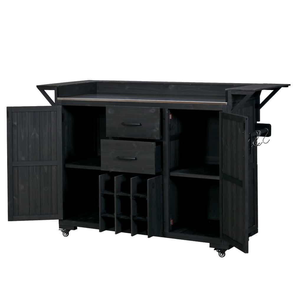 60" Rolling Outdoor Kitchen Island with Stainless Steel Top, Wood BBQ Prep Cart with Wine Rack & Drawers