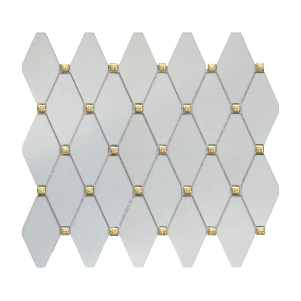 Thassos White Marble Diamond And Gold Glass Wall Mosaic Tiles - Case (10 Sheets)