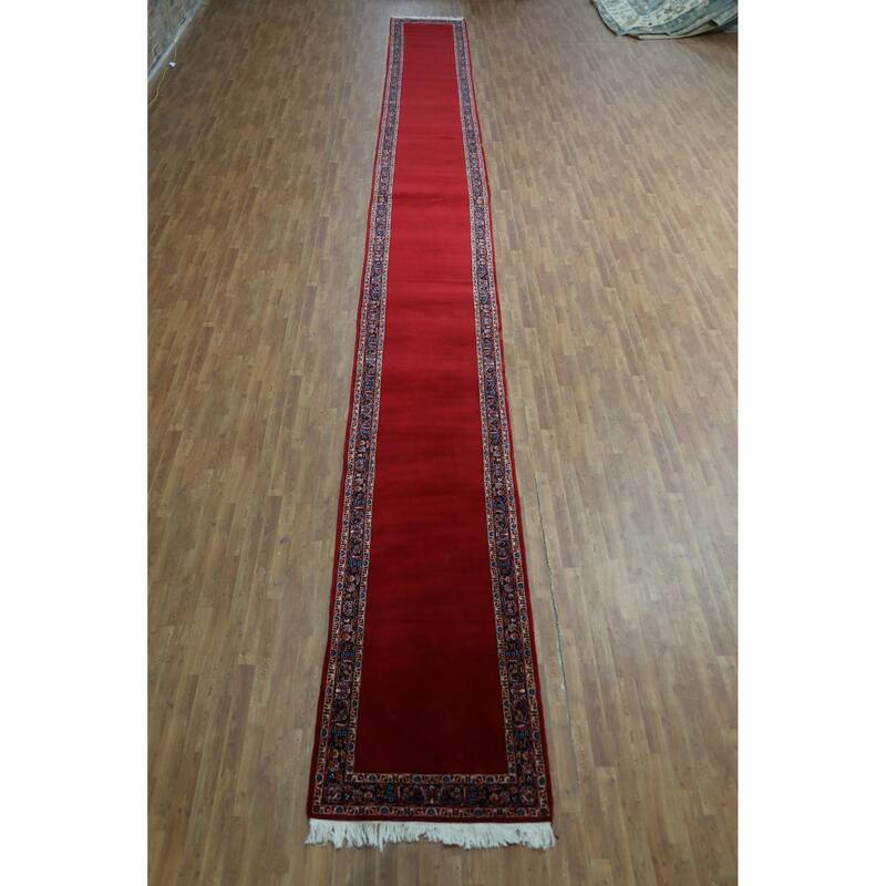 Hand Knotted Oriental 100% Wool Carpet Traditional Solid Red Kashan Runner Rug - 32' 7'' X 3' 3''
